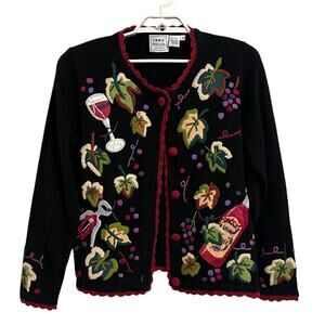 Vintage Emma Tricot Wine Grapes Embroidered Cardigan Sweater